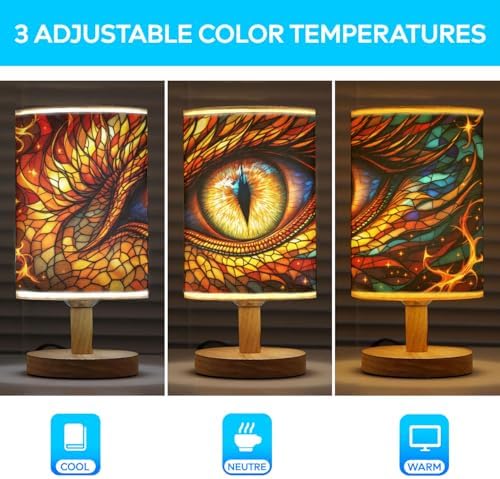Dragon Eye Table Lamp LED 3-Color Pressed Bedside, Dragon Eye Shade Lamp with Wood Base for Bedroom Living Room Desk Office TL01
