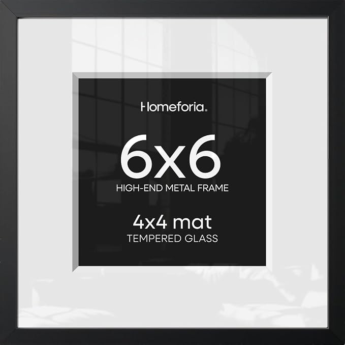 Homeforia 6x6 Black Picture Frame, High-End Metal, 4x4 Mat, Glass