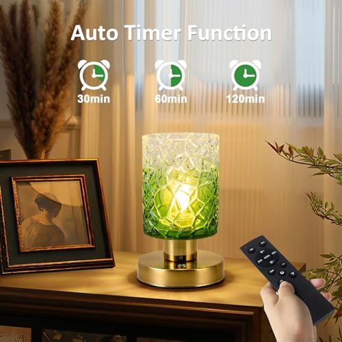 Battery Powered Lamp with Timer, Aesthetic Glass Cordless Lamps, Dimmable Rechargeable Lamp with Remote Control, Small Touch lamp for Bookshelf Desk Bedroom Living Room(Gradient Green)