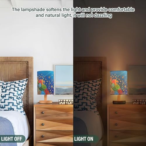 Table Lamp Underwater Sea Fish Coral Ocean Sunshine Nightstand Lamp with Wood Base Fabric Lamp Shade Bedside Desk Lamp for Living Room Bedroom Kids Room Office