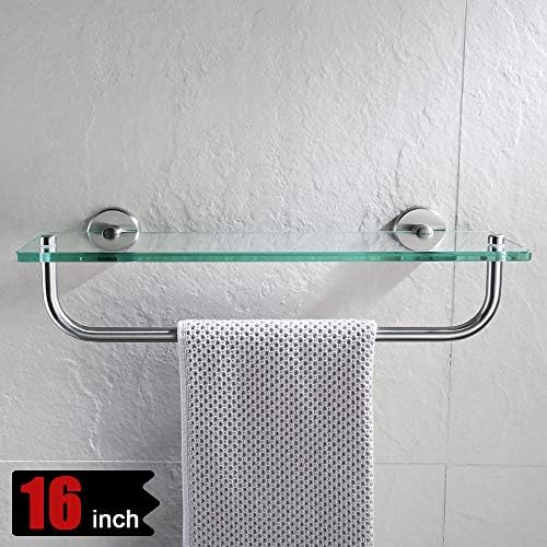 JQK Bathroom Glass Shelf, Shelf with 15 Inch Towel Bar Tempered Glass Shower Storage 16 by 5 inches, 304 Stainless Steel Brushed Finish Wall Mount, TGS100-BN