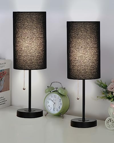 Small Table Lamps Set of 2 Desk Lamps for Living Room 3 Way Dimmable Black Nightstand Lamps with Metal Base Fabric Shade | Pull Chain Bedside Lamps for Bedrooms 18.5 Inches Lamp (Bulbs Included)