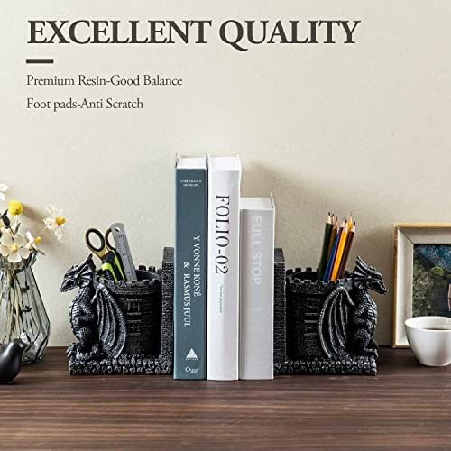 MyGift Gothic Dragon Bookends with Castle Pencil Cup, Black Resin, 1 Pair