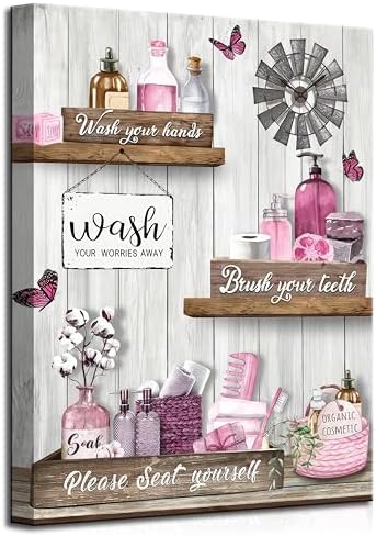 Pink Farmhouse Bathroom Canvas Wall Art Vintage Rustic Country Toilet Painting Picture Wall Decor Poster Print Artwork for Washroom Restroom Home Decoration
