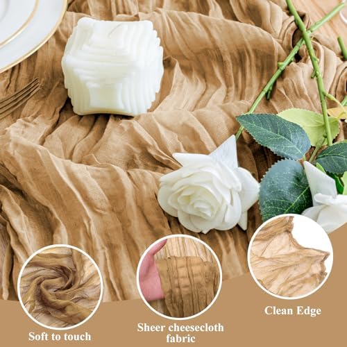 Wokceer Cheesecloth Table Runner Khaki 10FT Boho Gauze Runner, 3 Pack