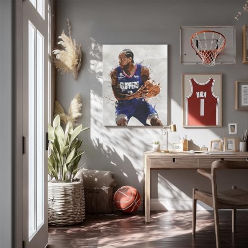 Kawhi Leonard Basketball Canvas Wall Art, Sports Player Poster, 24x30 Inch | Abstract splash ink athletic artwork, motivational sports wall decor for teen boys room, bedroom, living room, gym or office