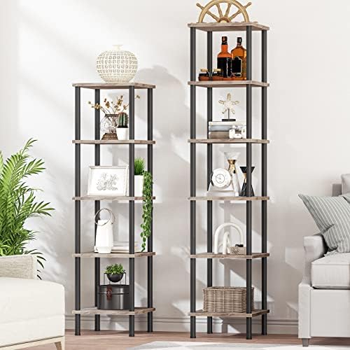 HOOBRO 6-Tier Corner Shelf, Corner Square Rack Display Shelf, Tall Storage Rack Plant Stand, Bookcase for Small Spaces, Living Room, Home Office, Kitchen, Greige and Black BG55CJ01