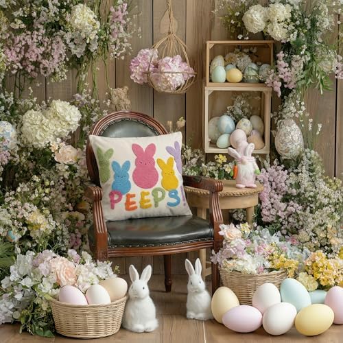 GEEORY Easter Embroidered Pastel Bunny Peeps Pillow Cover 16x16 Inch, Easter Decorations Farmhouse Decor Canvas Cushion Case for Living Room, Sofa & Bed GX019-1-16