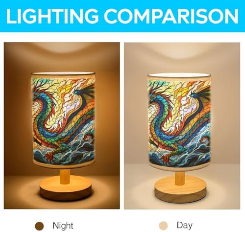 Dragon Table Lamp LED 3-Color Pressed Bedside, Dragon Shade Lamp with Wood Base for Bedroom Living Room Desk Office TL01