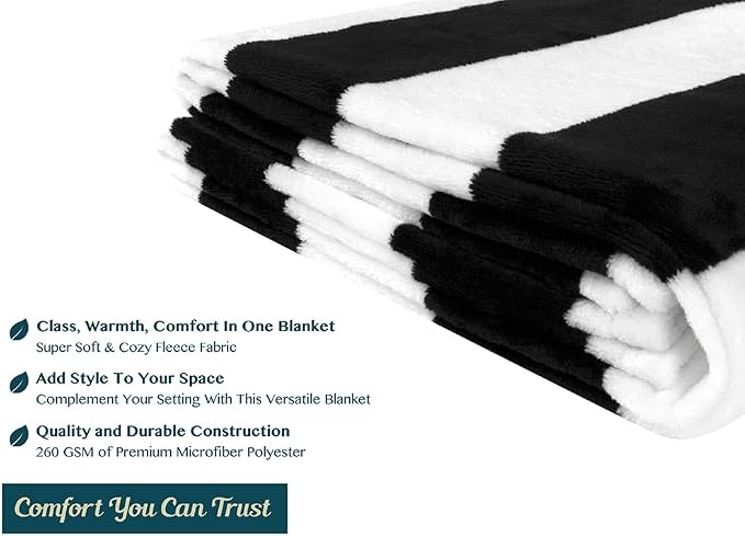 PAVILIA Striped Throw Blanket for Sofa Couch Bed | Soft Flannel Fleece Stripe Black and White Decorative Throw | Warm Cozy Lightweight Microfiber | 60 x 80 Inches
