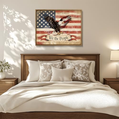 American Flag Framed Canvas Wall Art, 4th of July Patriotic Canvas Prints | USA Flag with Bald Eagle Poster Print, Vintage Independence Day Wall Decor for Bedroom Living Room 12×16in