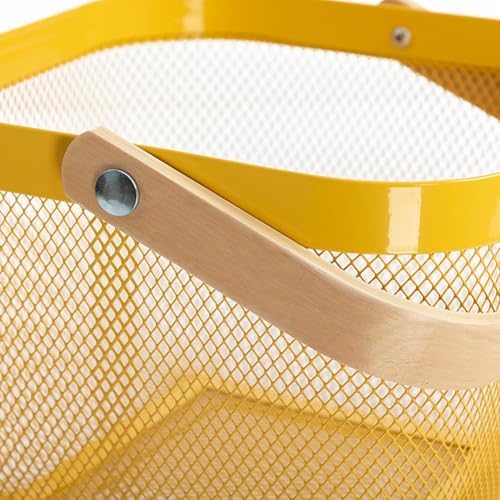 AJIODA Metal Mesh Steel Basket, Storage Organizer Basket Multi-functional Hanging Kitchen Baskets Fruit Baskets with Wooden Handle for Kitchen Bathroom Picnic Shopping Decor Cabinet Home, Yellow