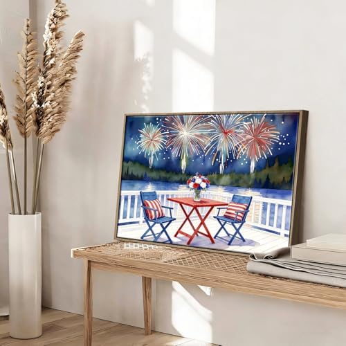 American Flag Framed Canvas Wall Art, 4th of July Patriotic Canvas Prints | Watercolor Lakefront Fireworks Poster Print, Independence Day Wall Decor for Bedroom Living Room 6×8in