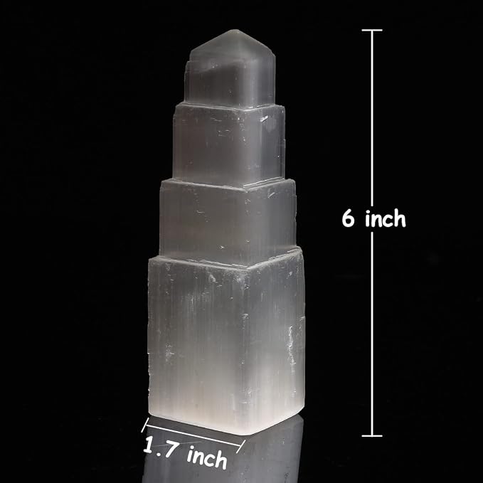 JIC Gem USB Selenite Tower Lamp Natural Selenite Skyscraper Healing Crystal Lamp 6 Inch with Wooden Light Stand Base