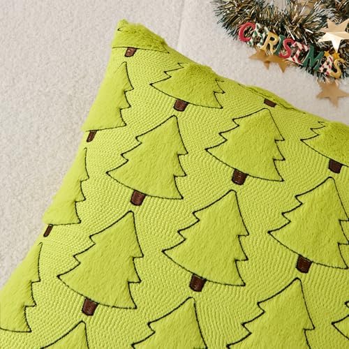 Kevin Textile Christmas Tree Pillow Covers 12x20 Inch Set of 2 Luxury Embroidery Soft Plush Faux Fur Lumbar Cushion Covers for Couch Sofa Holiday Festivals Winter Xmas Gift, Green