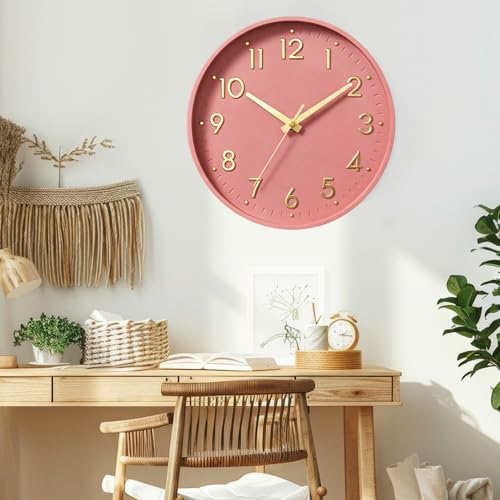 Mosewa 12 Inch Wall Clock Battery Operated Silent Non Ticking Analog | Pink Gold modern clock; oversized 3D easy-read dial for kitchen, bedroom & office; 1 AA battery (not included)