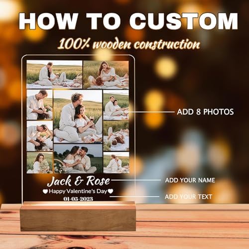 Personalized Photo Acrylic Happy Fathers Day Sign Plaque Gifts for Dad Papa Grandpa from Daughter Son Wife Customizable LED Night Light Wooden Base Lamps Desk Bedroom Decor Signs