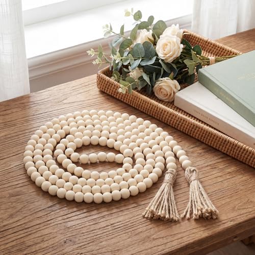 Equsion Rustic Wood Bead Garland with Tassel Farmhouse,Natural Wood Color