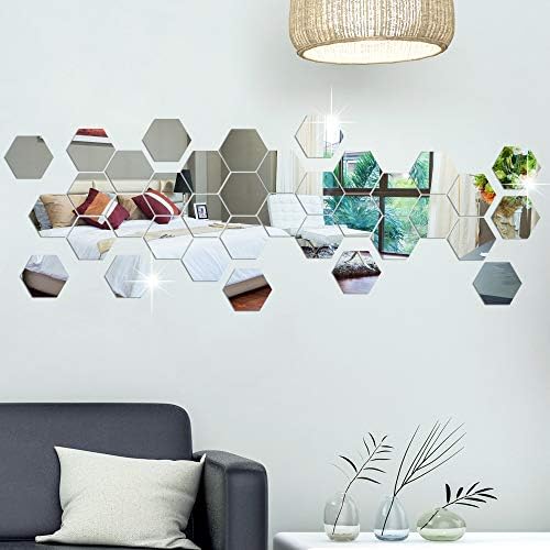 RW-103 36 PCS Acrylic Mirror Wall Stickers Hexagon Mirror Wall Decals DIY Removable 3D Geometric Hexagon Mirror Art Setting Wall Decor for Bedroom Living Room Office Kitchen Home Decoration (Silver)