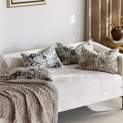 Vintage Floral Lumbar Pillow Covers 12x20 Pack of 2 Country Farmhouse Accents Chenille Jacquad Rectangular Decorative Throw Pillow Cases for Living Room Couch Bed Home Decor, Black