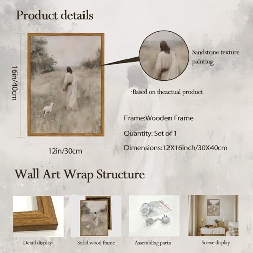 Jesus Leaves The 99 Sheep Wall Art Painting, Vintage Shepherd Christian Wall Decor Lost Lamb Religion Artwork 3D Textured Hand Drawn Sandstone for Living Prayer Room Bedroom 12x16 inch Wood Framed