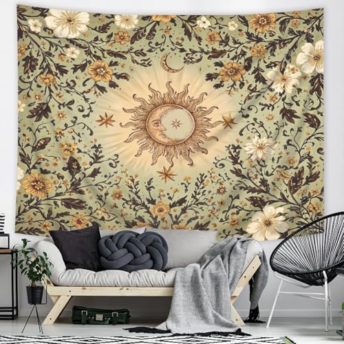 Riyidecor Boho Sun and Moon Tapestry 80Wx60H Inch Green Bohemian Retro Floral Flower Leaves Plant Botanical Vintage Hippie Rustic Wall Hanging Artistic Home Dorm Decor Art Living Room Bedroom