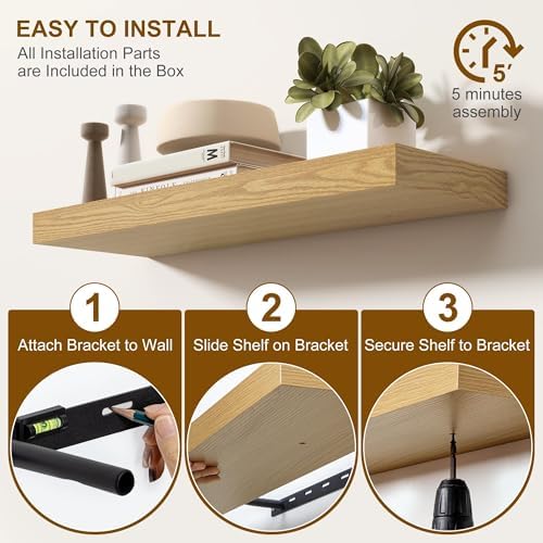 Fun Memories Floating Shelves for Wall, 48Inch Long Floating Shelves Set of 1, Hanging Shelf with Invisible Brackets, Wood Shelves for Living Room, Bedroom, Kitchen, Oak