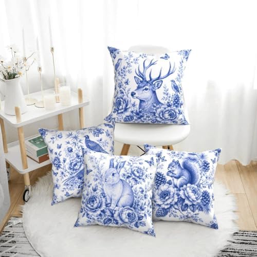 Floral and Wild Animal Throw Pillow Covers Set of 4 Decorative Soft Double Sided Print Pillow Case Farmhouse Home Decor for Living Room Sofa Couch 18x18