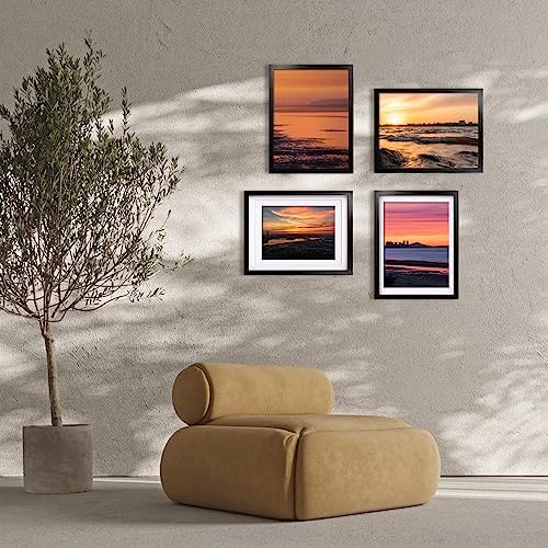 Egofine 12x16 Picture Frames Set of 4, Made of Solid Wood Covered by Plexiglass 9x12 and 11x14 with Mat or 12x16 without Mat, for Wall Mounting Photo Frame Black