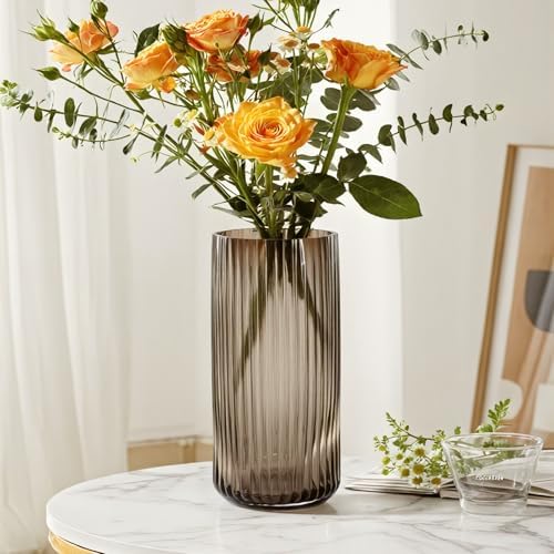11 Inches Tall Amber Ribbed Vase for Flowers, Glass Vase for Centerpieces, Dining Table, Countertops, Entryway, Thick Decorative Vases for Home Decor, Living Room, Kitchen, Bedroom, Office