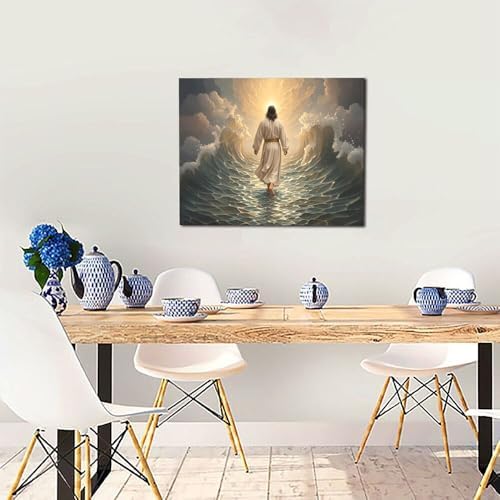 Jesus Walking on Water Wall Art Jesus Christian Spiritual Wall Decor Pictures Bible Story Canvas Prints Painting God Faith Artwork Decoration for Bathroom Bedroom Living Room Framed Gifts 16"x20"