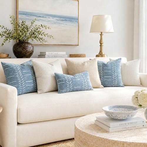 BlissBlush Coastal Blue Decorative Lumbar Pillow Covers 12x20 Set of 2, Soft Woven Chenille Accent Pillow Covers for Couch Sofa Bed, Textured Farmhouse Cushion Covers for Living Room