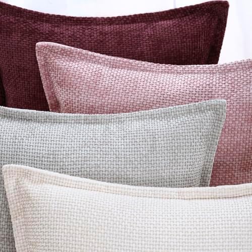 MADIZZ Decorative Chenille Velvet Throw Pillow Covers Set of 2 Soft Boho Textured Neutral Couch Throw Pillow for Bed Modern Farmhouse Home Decor for Sofa Livingroom Oatmeal 12x20 Inch