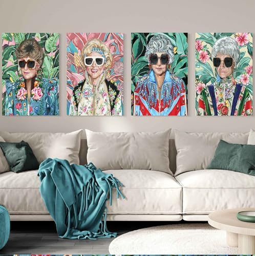 80s Artwork Fashion Golden Wall Art Girls Poster Betty White Poster For Woman Room Decor Rose Nylund With Sunglasses Canvas Prints (L24"xW16"-WoodFrame Ready to Hang) Pictures For Girl Dorm Wall Art Decor Gift