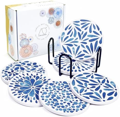AD Set of 6 Coasters for Drinks Absorbing Round Ceramic Stone Coaster with Cork Base,Tabletop Protection Mat for Mugs and Cups,Office,Kitchen (Indigo Blue with Holder)