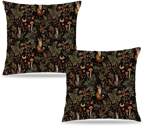 Witchy Forest Woodland Animals Pillow Covers 18x18, Dark Cottagecore Decor, Gothic Fox Mushroom Pillow Covers for Couch Bed, Witchy Room Decor, Cottagecore Room Decor