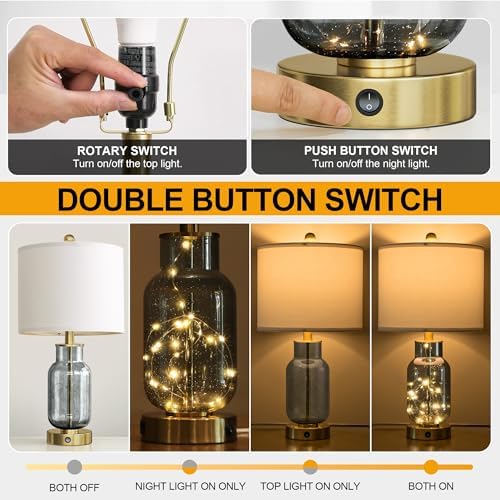 Oneach 22" Glass Table Lamps Set of 2 with LED Nightlight for Bedroom, Gray