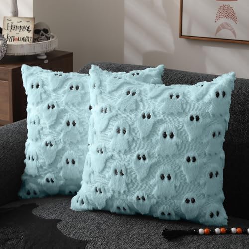 DFXSZ Halloween Pillow Covers 16x16 inch 2Pcs Blue Ghost Halloween Decor