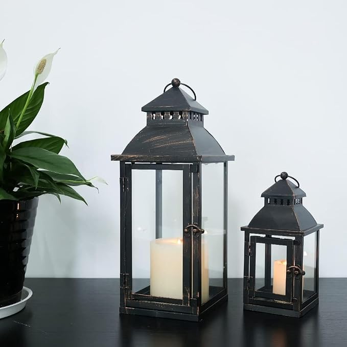 NEEDOMO Lanterns Decorative Outdoor&Indoor, Set of 2 Large Bronze Metal Lantern Decor with Glass, Candle Holder for Porch, Patio, Garden, Balcony, Wedding, Table Centerpiece Decorations