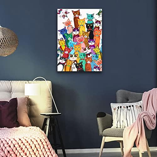 Riveda Funny Colorful Cat Bathroom Wall Art Cute Cartoon Kitty Canvas Print | Framed Cat Poster Palyful Animal Picture Wall Decor for Bathroom Kids Bedroom Nursery Playroom 16x24 Inches