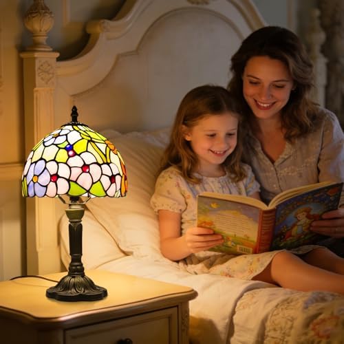 Small Tiffany Table Lamp, 3 Color Temperature, 8 Inch Antique Stained Glass Lamp for Bedroom Living Room Home, Handcrafted Light, Included Bulb (F Four Leaf Flower)