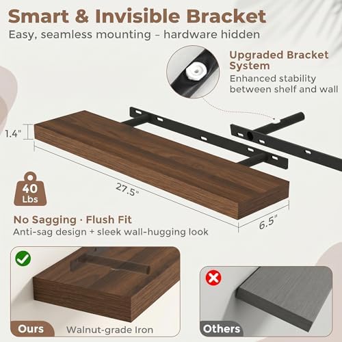 FLYJOE 27.5 Inch Floating Shelves for Wall Set of 2, 6.5" D Wood Grain Bathroom Shelves with Invisible Brackets, Easy Install Engineered Wood Storage Shelves for Kitchen, Living Room, Bedroom