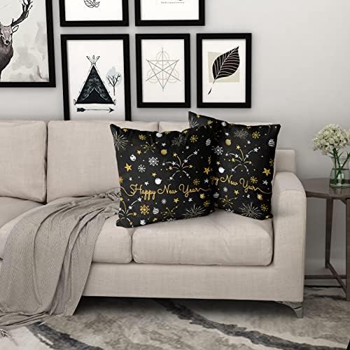 Giwawa 2 PCs Happy New Year Pillow Covers 16"x16" Winter Snowflake Firework Throw Pillowcase with Colorful Star Christmas Ball Square Black Gold Cushion Cover for Sofa Couch Car Bed Home Xmas Decor