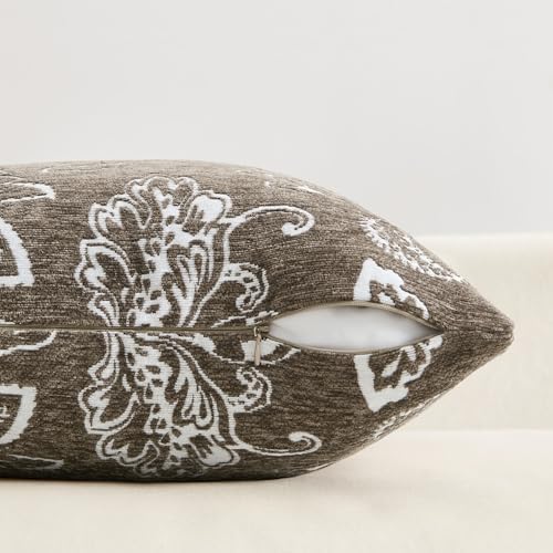 Set of 2 Chenille Floral Pillow Covers 20x20 Inch Taupe Grey