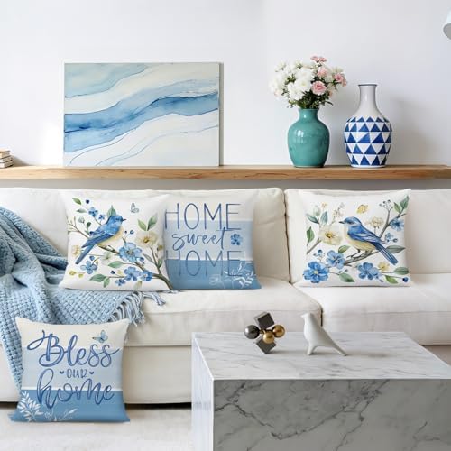 Bonhause Spring Summer Blue Bird Floral Throw Pillow Covers 18 x 18 Inch Flowers Leaves Branch Home Sweet Home Soft Velvet Decorative Cushion Case for Outdoor Patio Sofa Couch Set of 4