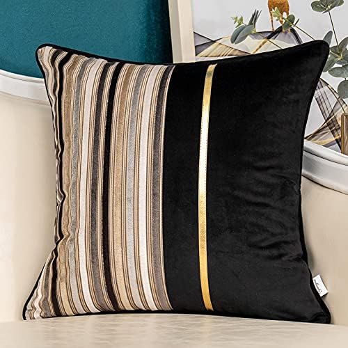 Yangest Black Striped Patchwork Throw Pillow Cover Gold Leather Cushion Cover Zippered Pillowcase for Sofa Couch Bedroom Living Room Home Decoration,20x20 Inch