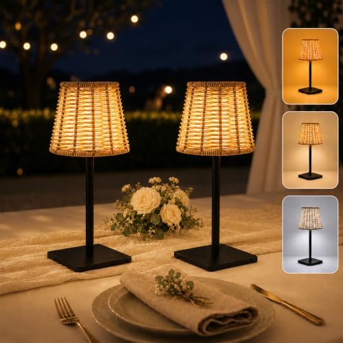 2 Pack Rattan Table Lamp, Rechargeable Small Wicker Lamp