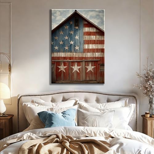 RIBNTAK Rustic American Flag Barn Canvas Wall Art, Vintage Patriotic Farmhouse Artwork Pictures, Americana Country Wall Decor for Living Room Bedroom Entryway Office