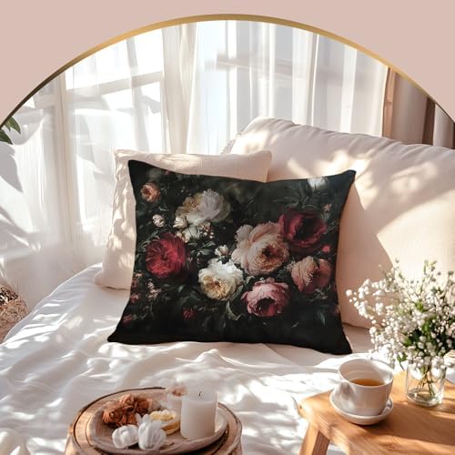Vintage Moody Dark Antique Vintage Floral Pillow Cover 18x18 Double-Sided, Rustic Gothic Moody Flower Botanical Decorative Throw Pillow Cover for Home Bedroom Living Room