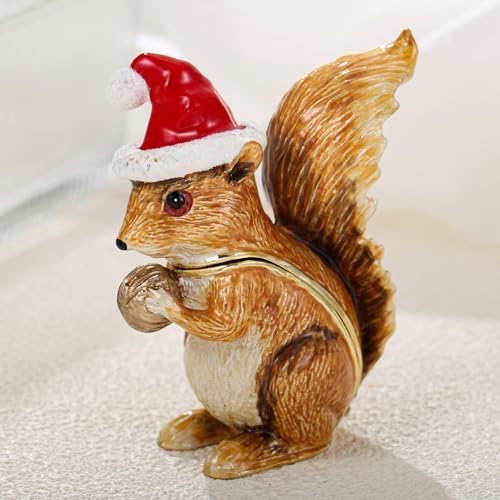 Hand Painted Christmas Trinket Box for Home Decor Accents, Enamel Hinged Jewelry Box for Bookshelf Office Table Desk Decor, Classical Figurine Collectible Keepsake Sculptures (Brown Squirrel)